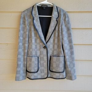 ST. JOHN Knits Santana Houndstooth Button Blazer Leather Wool, Womens Size 10